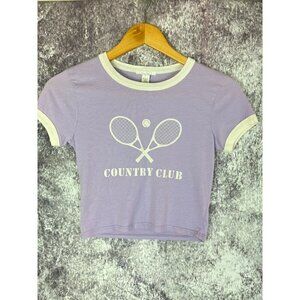 Full tilt Purple Country Club Tennis Graphic Tee Shirt T Top Blouse Cropped wome